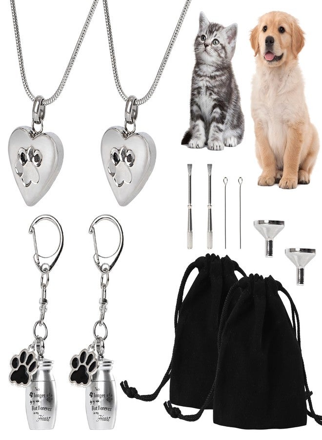 DISWALE 2 Set Pet Cremation Jewelry for Ashes, Dog/Cat Urns Keychain, Heart Urn Necklace Memorial Keepsake for Ashes with Filling Kit Storage Bag(Silver) - Image 1